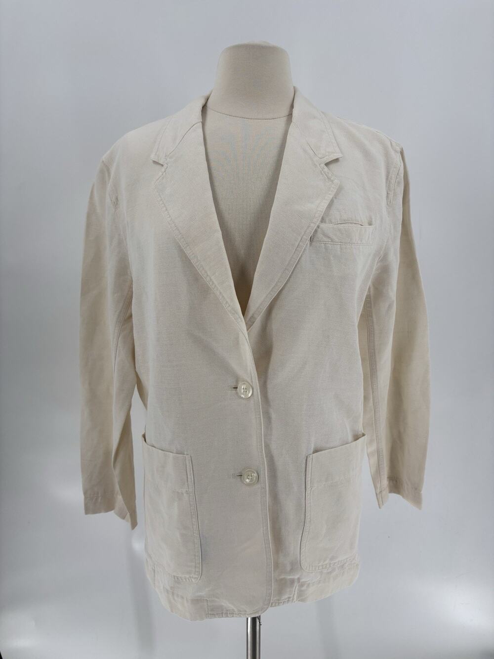Vintage Liz Sport Blazer Jacket Womens Small Ivory Linen 90s Pockets Buttons